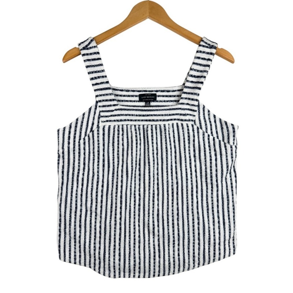 Lucky Brand Blue White Striped Fisherman Textured Tweed Tank Top Coastal Boho L